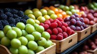 Fresh seasonal fruits in wooden crates at farmers market display including green apples, ripe raspberries, blackberries, and plums arranged in neat rows.