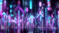 Glowing neon cityscape with upward arrows and buildings in purple and blue colors against dark background, representing financial growth and market trends.