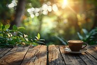 Cup of fresh coffee with latte art on rustic wooden table against blurred garden background with beautiful bokeh and sunlight, perfect for cafe menu or lifestyle design.