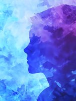 Silhouette of woman profile merged with abstract watercolor texture in vibrant blue and purple gradient, expressing mindfulness and inner peace.