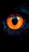 Fierce orange dragon eye with glowing amber iris against dark background, surrounded by blue scales and fiery sparks, creating mysterious fantasy atmosphere.