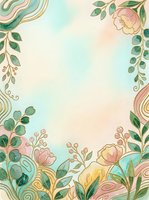 Watercolor floral border frame with pastel pink and teal flowers, gold line art leaves, soft dreamy background for cards and invitations.