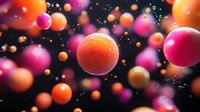 Vibrant orange and pink spheres floating in dark space with water droplets and bokeh effects create dreamy atmospheric composition for backgrounds and artistic designs.