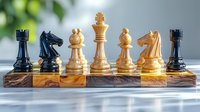 Chess pieces arranged on marble chessboard showing white and black figures in strategic position, highlighting king, queen, knights and rooks in dramatic lighting.