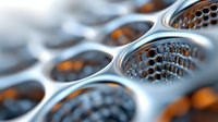 Macro view of perforated metal grater surface with honeycomb pattern holes creating abstract industrial background with selective focus and orange accents.