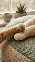 Cat paws resting on cozy knit blanket by sunny window with succulent plant and mug, conveying comfort and relaxation for home decor and lifestyle content.