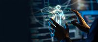 Digital human figure hologram floating above cupped hands with glowing circuit patterns and data streams in futuristic technology concept for AI and innovation.