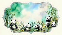 Watercolor panda family in bamboo forest frame with soft green and blue background, perfect for nursery decor and children's design projects.