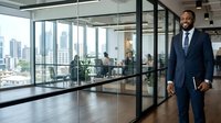 Confident African American male professional in dark business suit standing in modern high-rise office with floor-to-ceiling windows overlooking city skyline, glass partition walls, and contemporary workspace design.