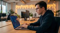 Young Caucasian male programmer coding on laptop in modern coworking space with warm string lights creating productive atmosphere for software development work.