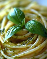 Fresh spaghetti pasta with vibrant green pesto sauce and basil leaves garnish in macro shot, showing texture and detail of traditional Italian cuisine.