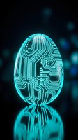 Glowing cyan circuit board egg on dark background with bokeh lights, symbolizing digital innovation, AI, and futuristic technology concepts.