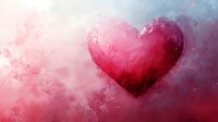 Red heart shape emerging from dreamy pink and gray clouds, romantic atmospheric artwork with soft ethereal smoke effects creates mystical mood.