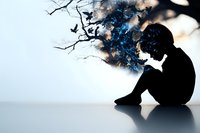 Silhouette of person sitting alone with head down while abstract blue particles and tree branches emerge, representing mental health and emotional struggle.