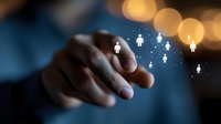 African American businessman hand connecting with digital network of people icons, glowing bokeh background illustrates global connectivity and networking.