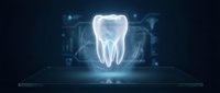 Digital holographic tooth projection with glowing blue light effects on dark background for dental technology and healthcare innovation concepts.