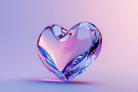 Translucent glass heart shape with pink and blue gradient reflections on soft pastel background creates romantic atmosphere for Valentine's day designs.