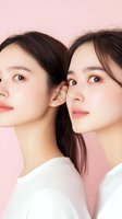 Two young Asian women with flawless skin and natural makeup pose together against soft pink background for beauty and skincare advertising campaigns.
