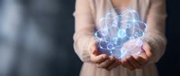 Hands holding glowing atom molecule structure representing science, technology, research, and innovation concepts for educational and business applications.