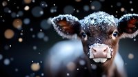 Young brown calf with snow-covered ears and face looking directly at camera against dark background with falling snowflakes and bokeh lights creating magical winter mood.