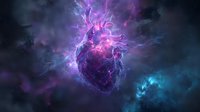 Cosmic human heart with glowing energy veins floating in purple and blue nebula space, concept for life force and spiritual connection.