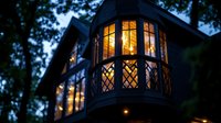 Cozy illuminated bay window of wooden cabin at dusk, warm golden light glowing through diamond-patterned windowpanes creates atmospheric forest retreat ambiance.