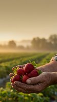 Farmer hands holding fresh ripe strawberries at sunset in agricultural field with warm golden light and green crop rows in background.