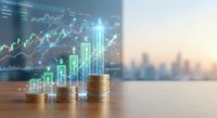 Financial growth concept with golden coins stacked in ascending order and digital trading charts with upward arrows against blurred city skyline background.