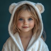 Adorable young girl wearing cozy white bear ear hoodie with sweet smile and bright blue eyes against dark teal background for children fashion concepts.