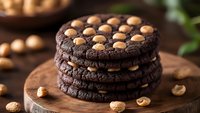Stack of dark chocolate sandwich cookies filled with peanut butter cream and topped with whole peanuts on rustic wooden board, selective focus on fresh baked treats.
