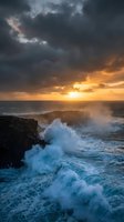 Dramatic ocean waves crashing against rocky coastline during golden sunset with stormy clouds and powerful sea spray creating moody seascape atmosphere.