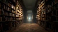 Atmospheric corridor in ancient library with tall wooden bookshelves lining both sides, herringbone parquet floor, and mysterious light at the end of the tunnel.