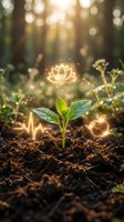 Young seedling sprouting from soil with glowing lotus flower, heartbeat line, and heart symbol representing wellness, growth, and holistic health concepts for meditation and mindfulness.