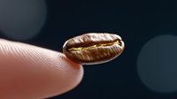 Single roasted coffee bean balanced on fingertip against dark background with bokeh lights, showing rich brown color and distinctive groove pattern.