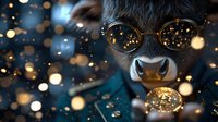 Bull wearing round glasses examining glowing golden bitcoin against dark background with magical bokeh lights and sparkles. Cryptocurrency investment concept.