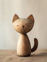 Wooden cat figurine with closed eyes and minimalist design, crafted from natural bamboo with dark wood accents, standing on rustic surface against neutral background.