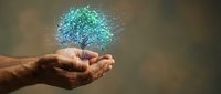 Cupped hands holding glowing digital tree with luminous particles, representing environmental protection, sustainability and green technology innovation.