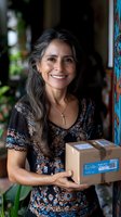 Mature Hispanic woman with long gray hair smiling while holding delivery package, wearing floral pattern dress. Natural lighting highlights genuine expression. Small business owner.