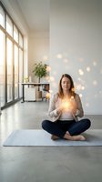 Young Caucasian businesswoman meditating with glowing light in chest area on yoga mat in modern office space with warm bokeh lights for wellness concepts.