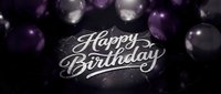 Happy Birthday elegant calligraphy on dark marble texture surrounded by purple and silver balloons, perfect for luxury celebration cards and party invitations.
