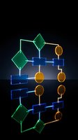 Glowing neon flowchart diagram with geometric shapes connected by bright lines on dark background for business process visualization.