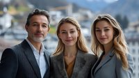 Professional business team of three diverse colleagues posing outdoors with urban mountain backdrop, representing corporate success and teamwork.