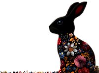 Black silhouette of sitting rabbit decorated with colorful floral pattern on white background, isolated design element for stationery and home decor.