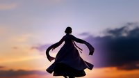 Woman silhouette dancing at sunset with flowing dress and hair against colorful sky. Freedom, joy, and movement concept for wellness and lifestyle content.