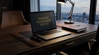 Luxury wooden desk with laptop displaying premium membership sign up, desk lamp, notebook, city view at dusk, elegant office interior.