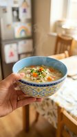 Steaming chicken rice soup with carrots and herbs in a decorative blue bowl held by a woman's hand in a cozy home kitchen.