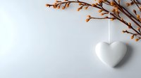White heart decoration hanging from autumn branch with orange leaves against light background, minimalist romantic composition for valentines or wedding design.