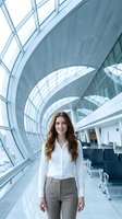 Young Caucasian businesswoman with long auburn hair smiling confidently in a modern airport terminal with curved glass architecture.