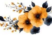 Orange watercolor flowers with dark navy leaves and delicate branches on transparent background, isolated floral clipart for wedding invitations and design.
