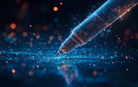 Glowing digital pen tip with network connections and particles against dark background, creating futuristic writing concept with orange and blue light effects.